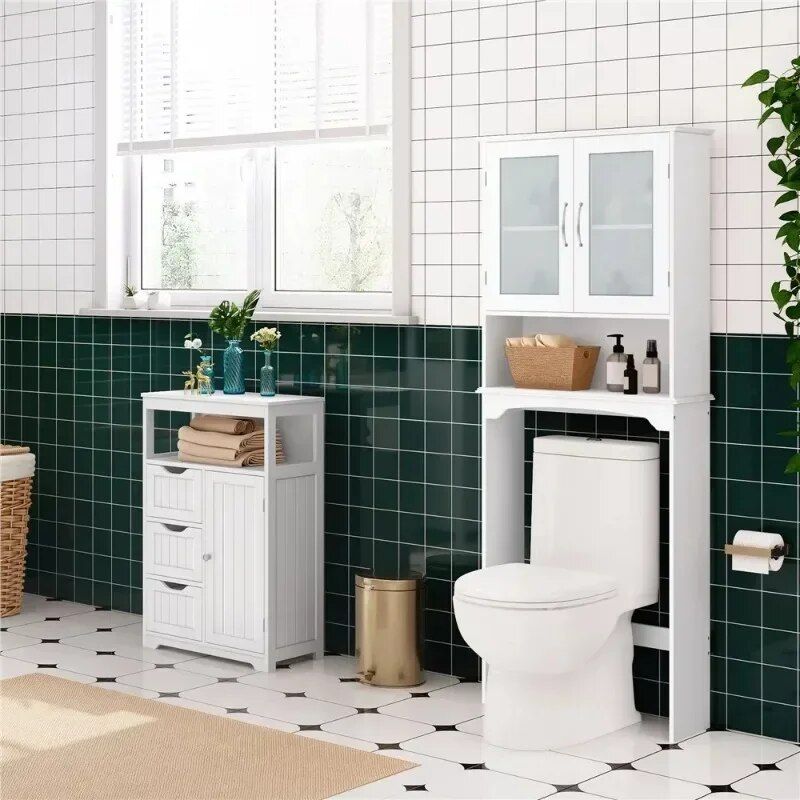 White Wooden Over-The-Toilet Storage Cabinet with Adjustable Shelf