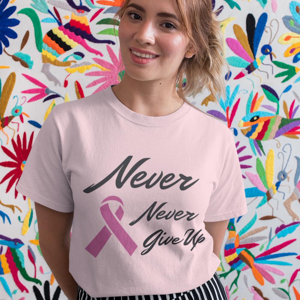 Never Never Give Up Pink Ribbon Awareness T-Shirt | Yellow Pandora