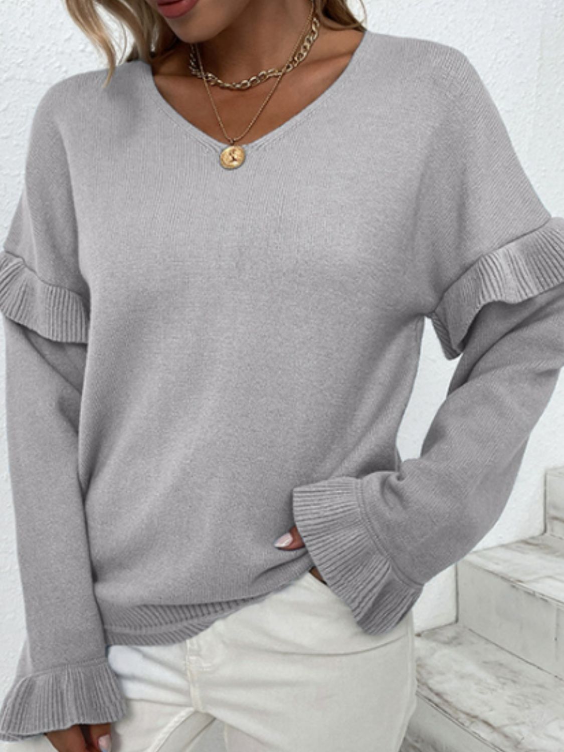 Layered Flounce Sleeve V-Neck Sweater (more color options)