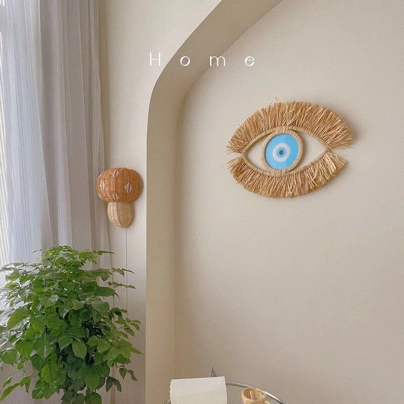 Moroccan Evil Eye Wall Hanging - Handwoven Raffia & Wood Bead Art Decor