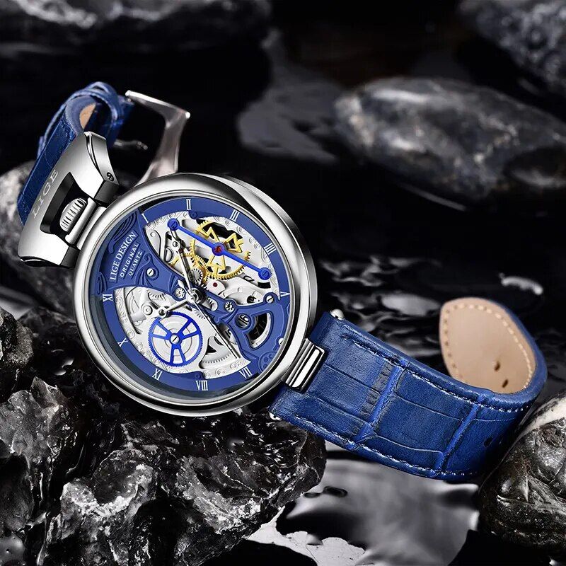 Elegant Casual Leather Skeleton Quartz Wrist Watch with Stainless Steel Case