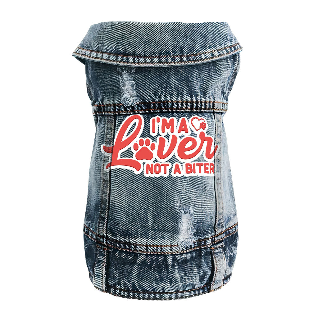 I'm a Lover Not a Biter Dog Denim Vest - Funny Dog Denim Jacket - Phrase Dog Clothing