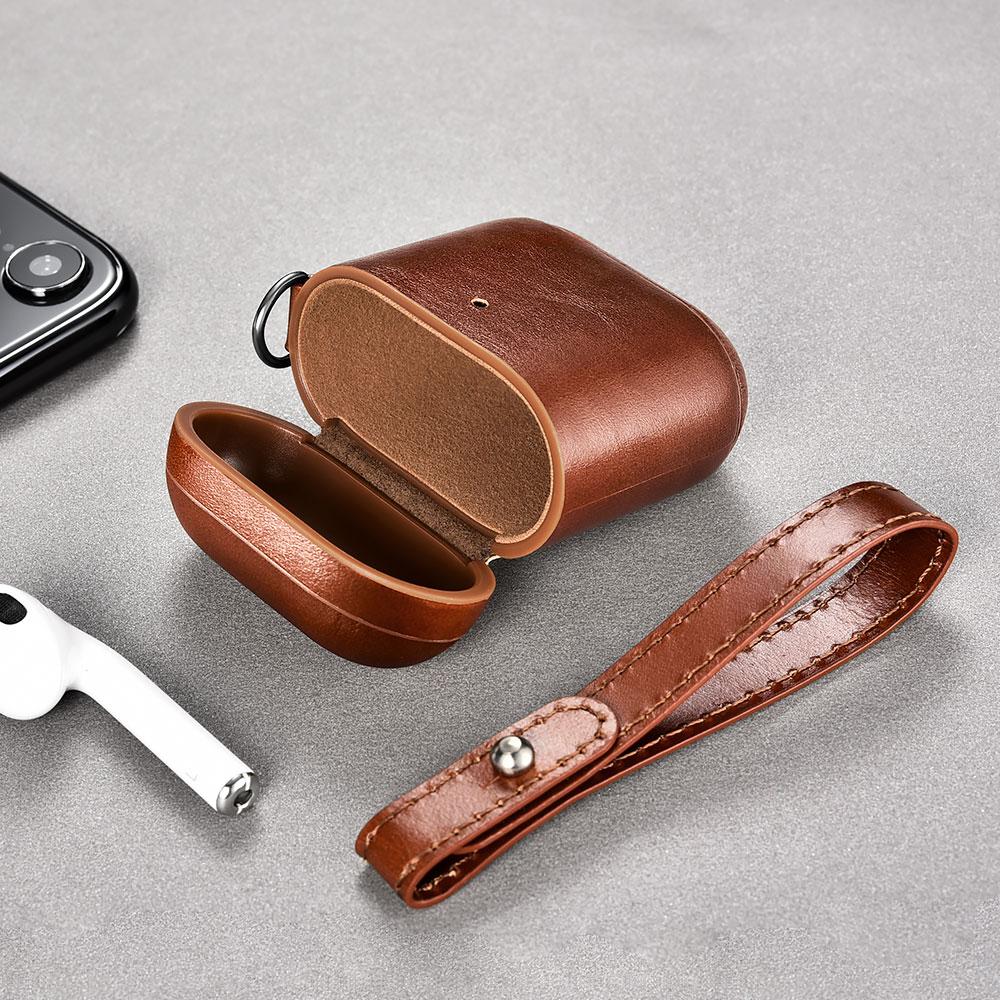 Custom AirPods 1 and 2 Case Black or Brown Leather with Keychain Strap