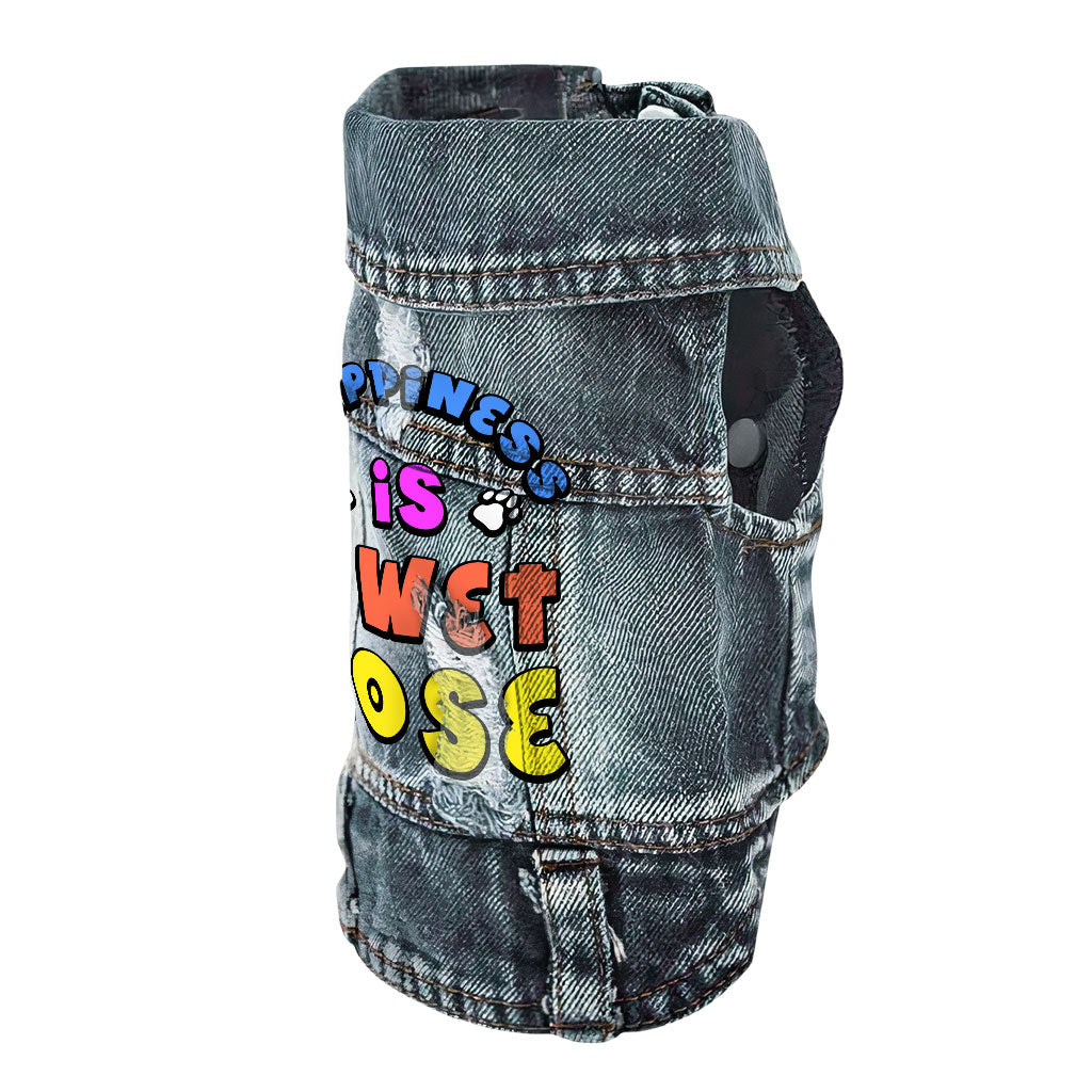 Happiness Is a Wet Nose Dog Denim Vest - Colorful Dog Denim Jacket - Quote Dog Clothing