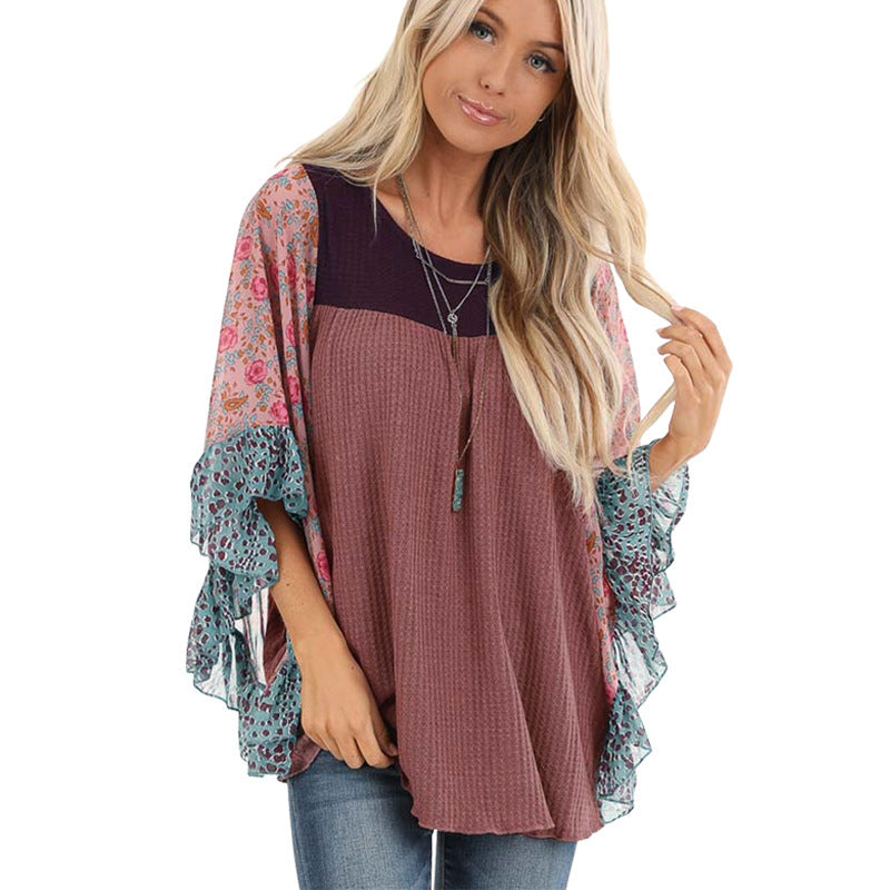 Batwing Sleeve Printed Color Block Waffle Top