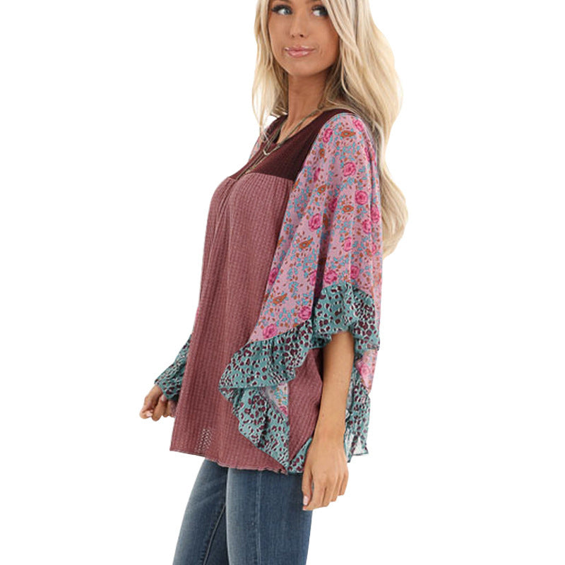 Batwing Sleeve Printed Color Block Waffle Top