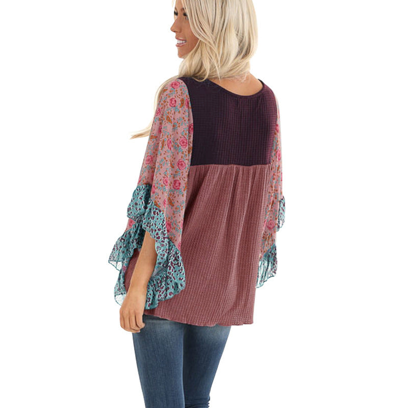 Batwing Sleeve Printed Color Block Waffle Top