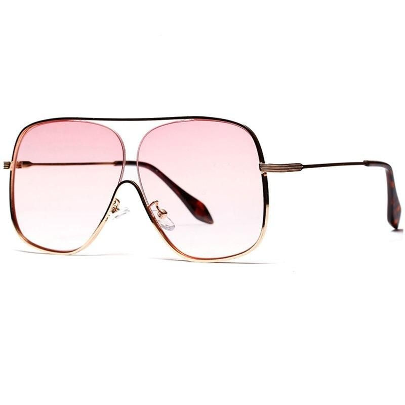 Chic Oversized Square Pilot Sunglasses - Unisex Metal Half Frame with Pink Gradient Lenses