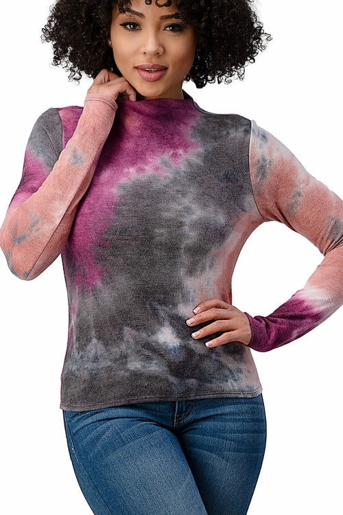 Brushed Knit Tie Dye Printed Mock Neck Long Sleeve Top