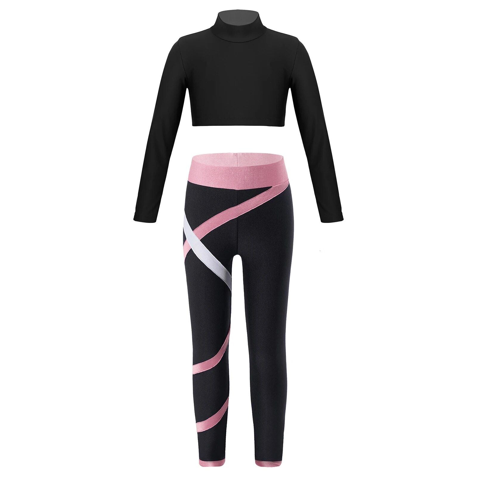 Kids' Athletic Wear Set - Stretchy Long Sleeve Crop Top & Colorblock Leggings for Gymnastics, Yoga, Skating