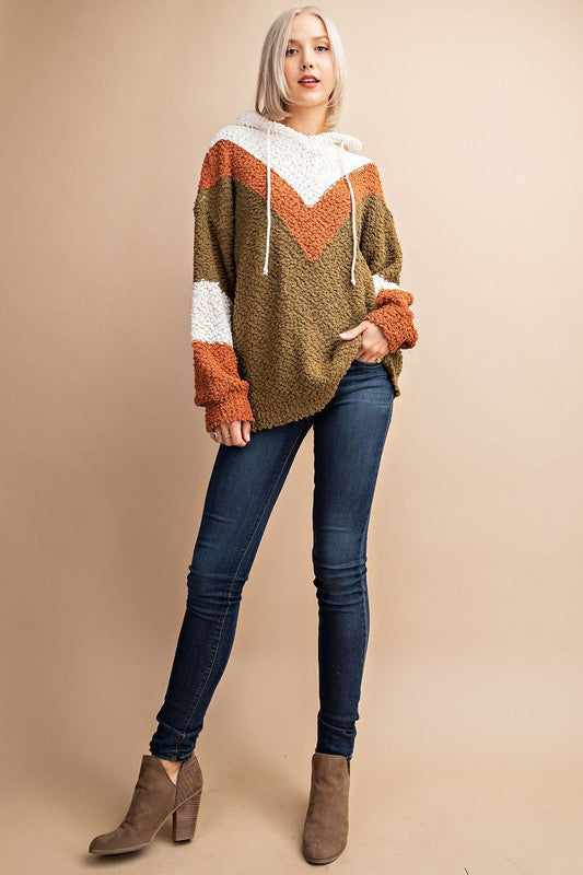 CHEVRON COLOR BLOCK POPCORN SWEATER