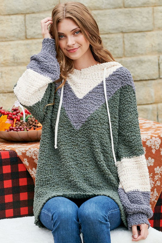 CHEVRON COLOR BLOCK POPCORN SWEATER