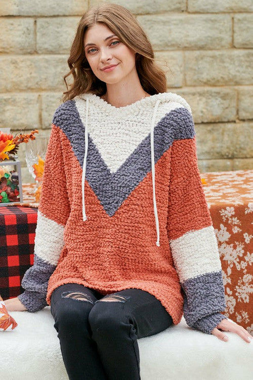 CHEVRON COLOR BLOCK POPCORN SWEATER