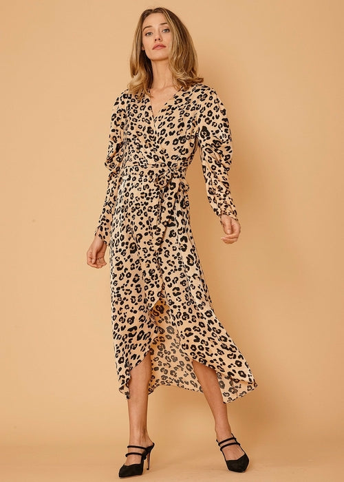 Women's Print Puffy Shoulder Dress in Brown Leopard