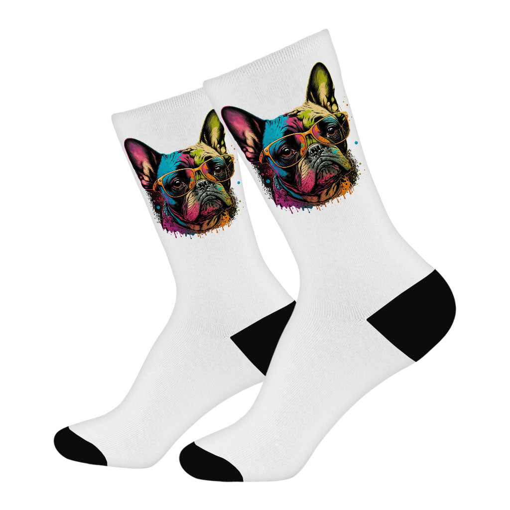 French Bulldog Socks - Dog With Glasses Novelty Socks - Colorful Crew Socks