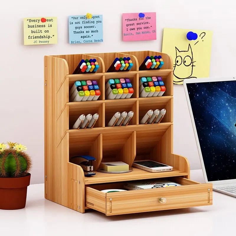 Elegant Wooden Desk Organizer with Pen Holder and Storage Box