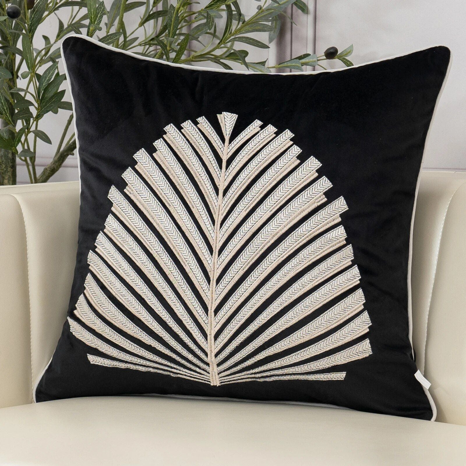 Luxury Modern Tree Leaves Embroidery Velvet Cushion Cover