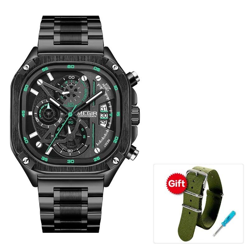 Waterproof Black Quartz Square Dial Men's Wristwatch with Chronograph & Luminous Hands