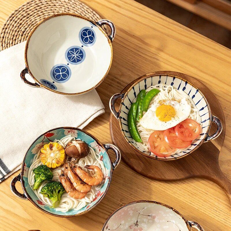 Elegant Floral Ceramic Soup and Salad Bowl with Handle