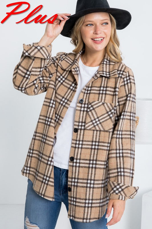 PLAID BOYFREND FIT BUTTON DOWN PKT PLUS SHIRTS TOP