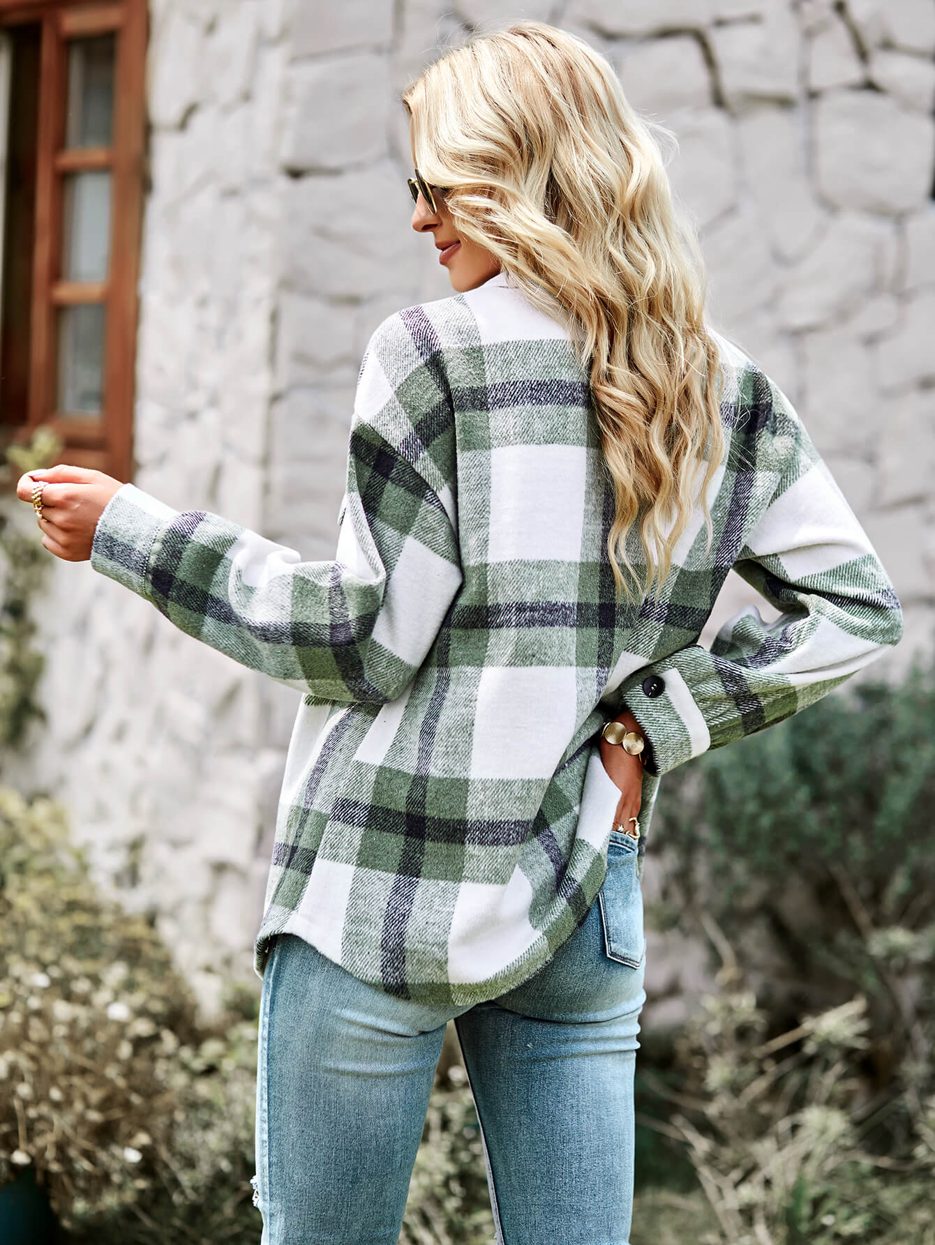 Plaid Dropped Shoulder Shirt Jacket with Breast Pockets