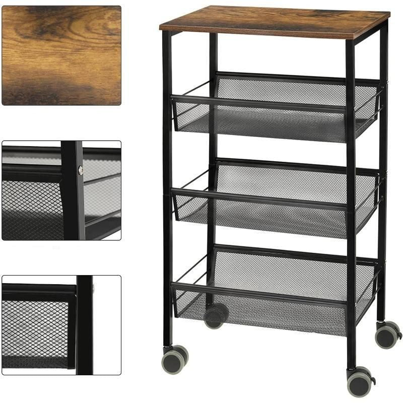 4-Tier Rolling Kitchen Storage Cart with Wooden Shelves & Lockable Wheels