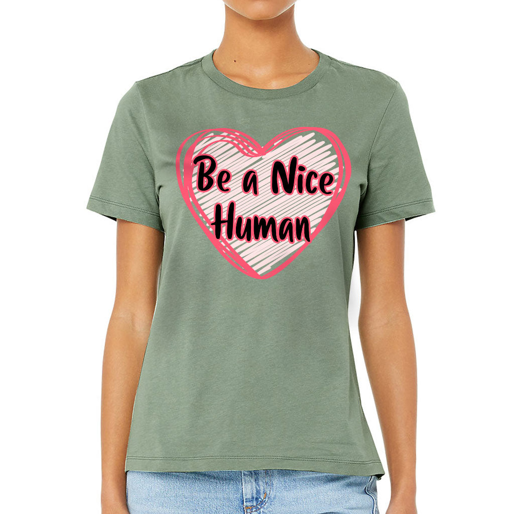 Be a Nice Human Women's T-Shirt - Heart Print T-Shirt - Graphic Relaxed Tee