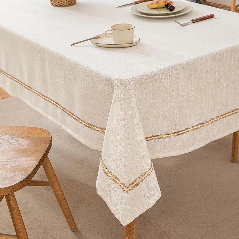 Luxury White Cotton Linen Tablecloth with Tassel Edges