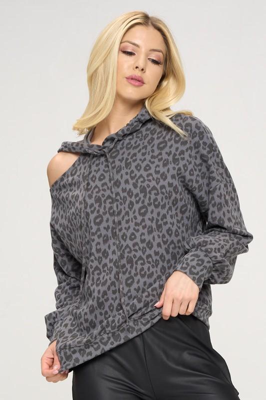 Animal Print Hoodie with Cold Shoulder