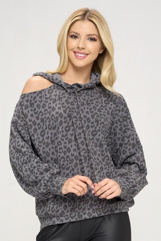 Animal Print Hoodie with Cold Shoulder