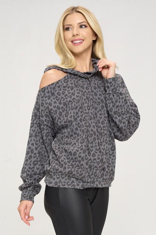 Animal Print Hoodie with Cold Shoulder