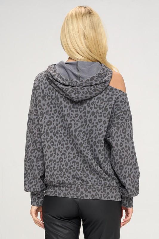 Animal Print Hoodie with Cold Shoulder