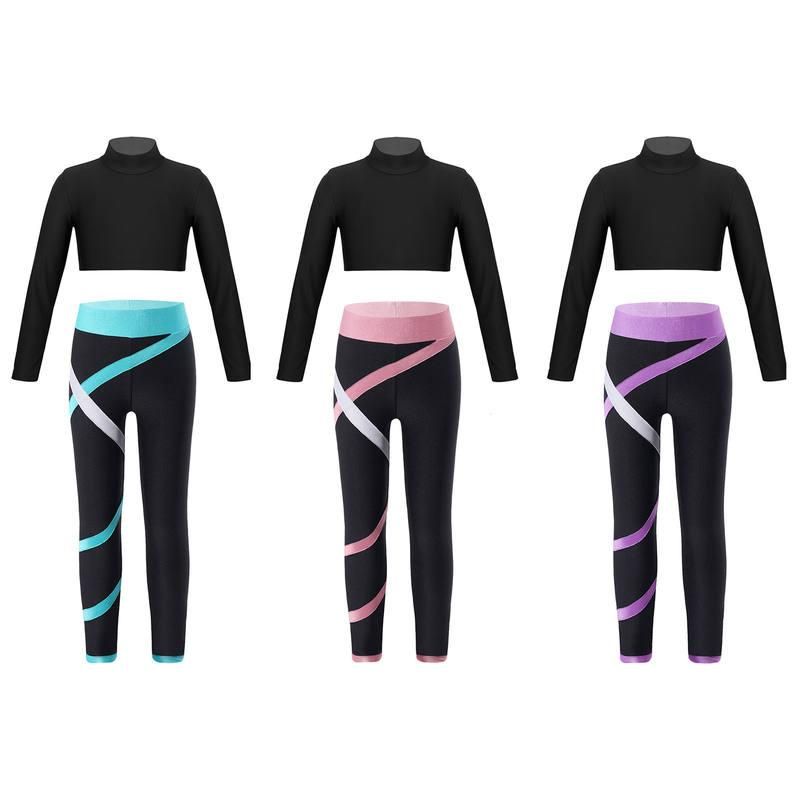 Kids' Athletic Wear Set - Stretchy Long Sleeve Crop Top & Colorblock Leggings for Gymnastics, Yoga, Skating