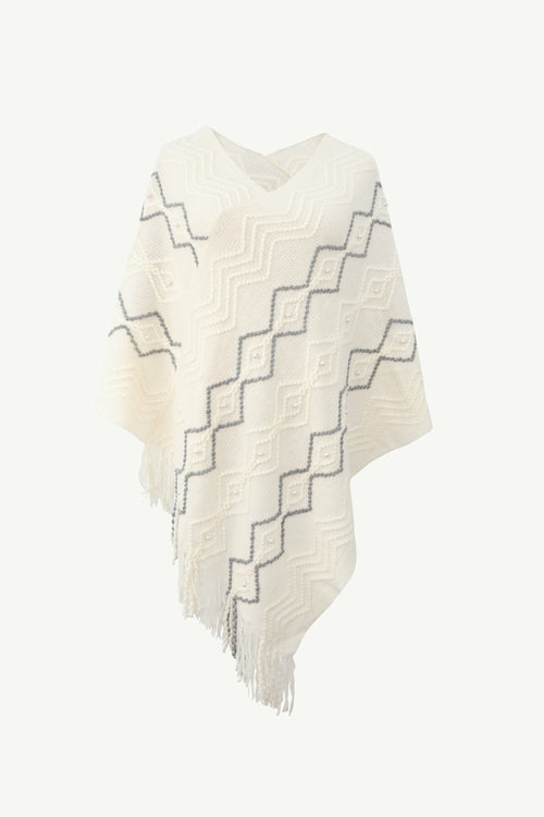 Pearl Trim V-Neck Fringe Hem Poncho