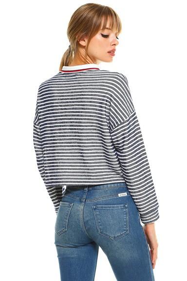 Cropped Long Sleeve Blue and White Stripe Polo Top