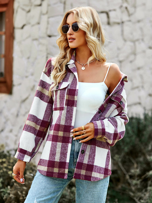 Plaid Dropped Shoulder Shirt Jacket with Breast Pockets