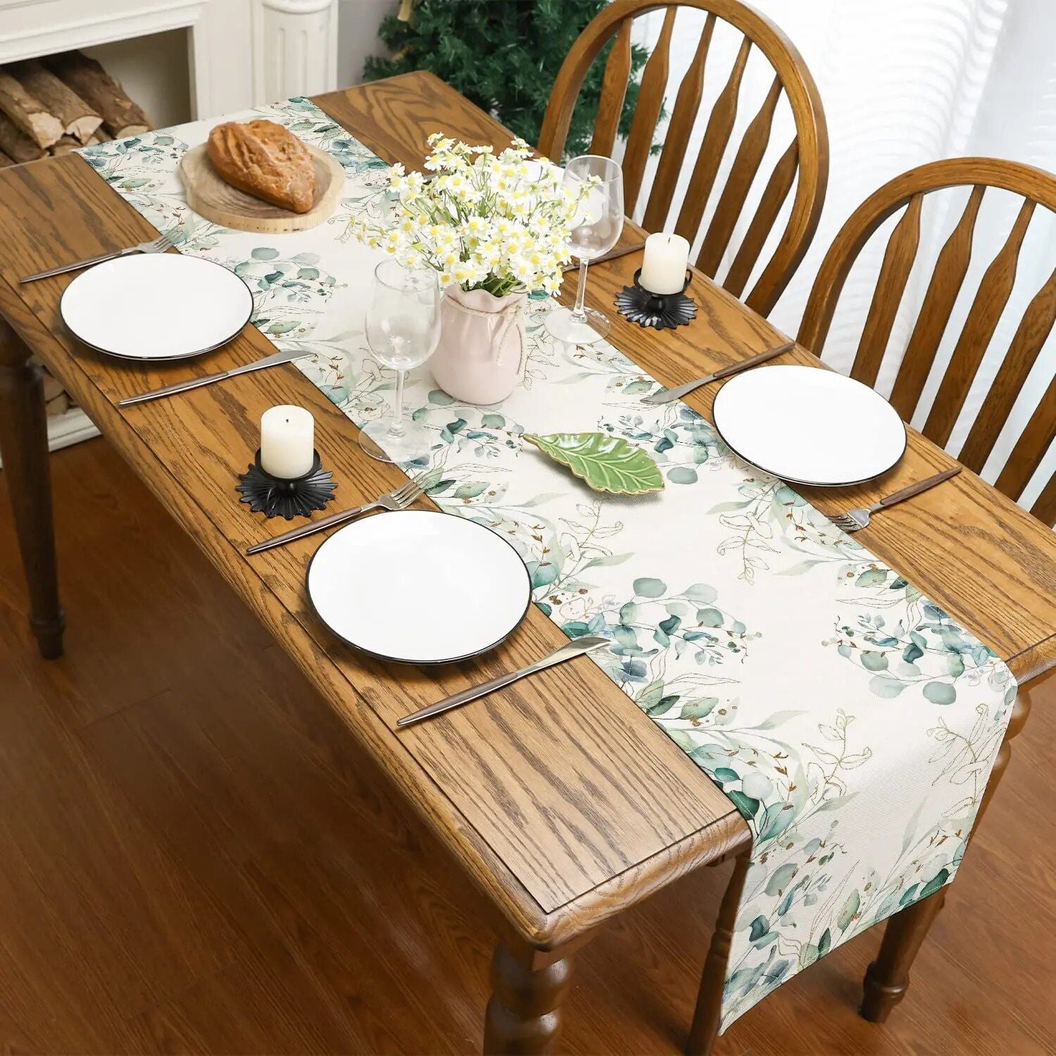 Spring Green Eucalyptus Linen Table Runner