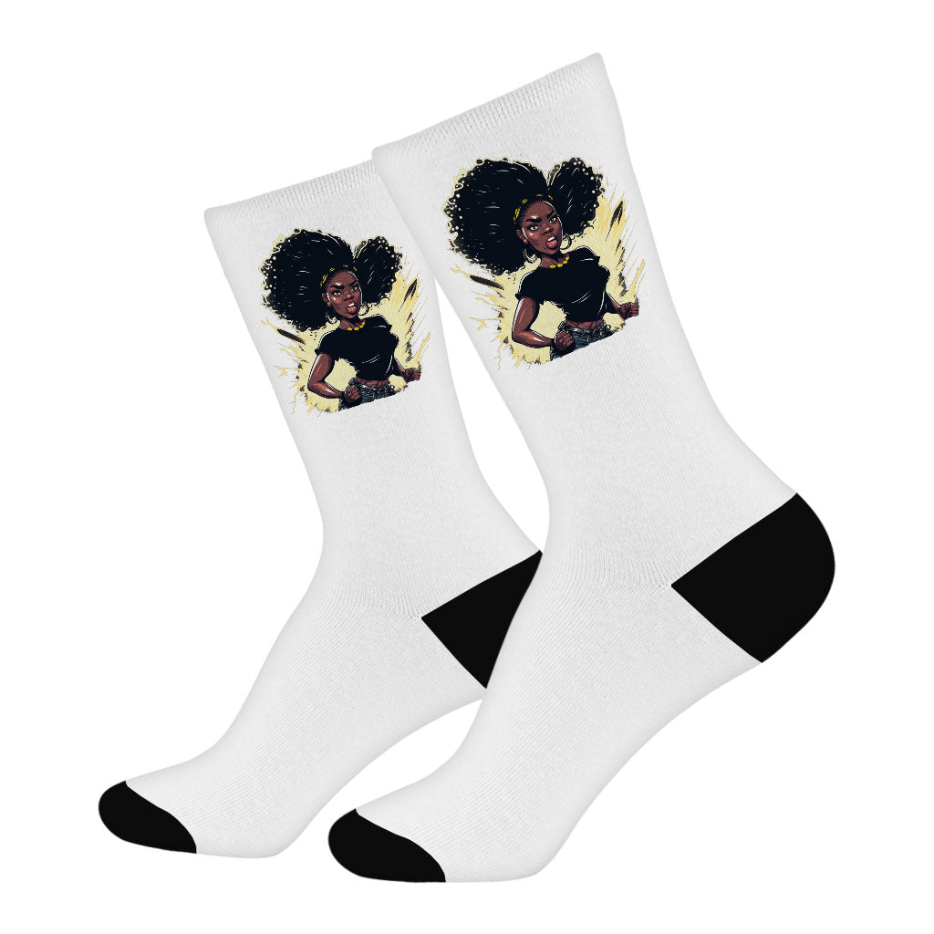 Black Girl Power Socks - Printed Novelty Socks - Cartoon Crew Socks