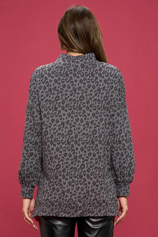 Animal Print Mock Neck Sweatshirt with Side Slit