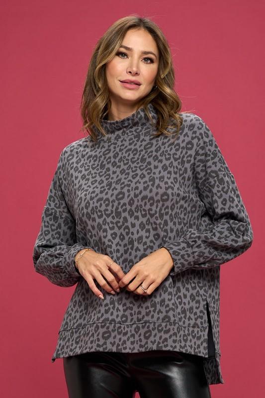 Animal Print Mock Neck Sweatshirt with Side Slit