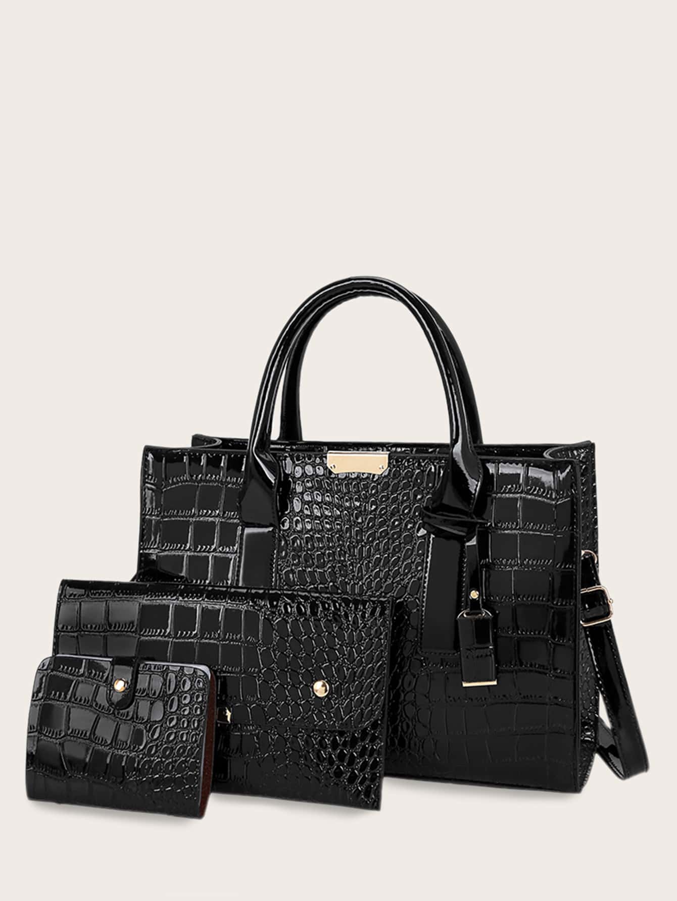 3pcs Croc Embossed Satchel Bag With Purse