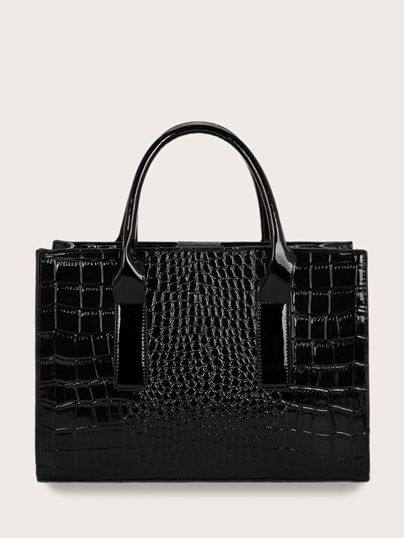 3pcs Croc Embossed Satchel Bag With Purse