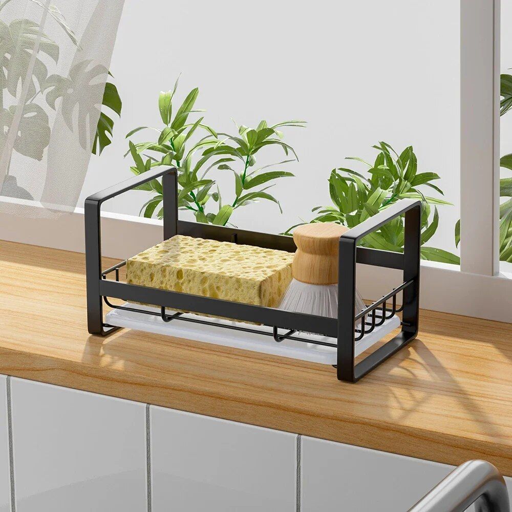 Compact and Durable Stainless Steel Kitchen Organizer – Sink Sponge, Rag, and Brush Holder with Drain Tray