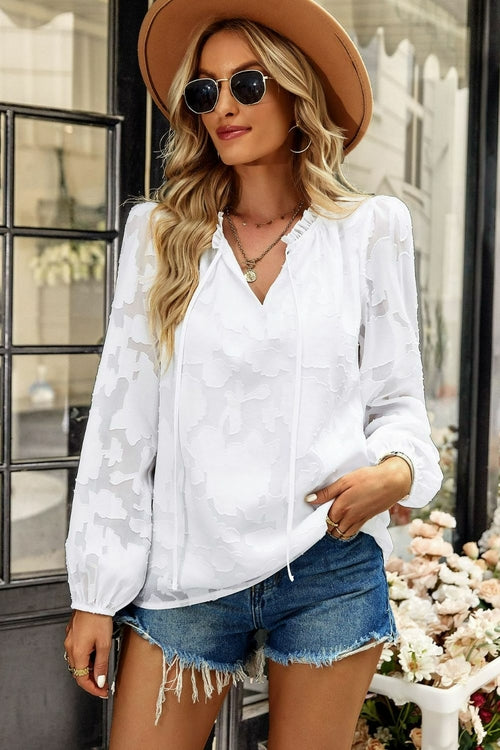 Applique Frill Trim Tie Neck Blouse (more color options)