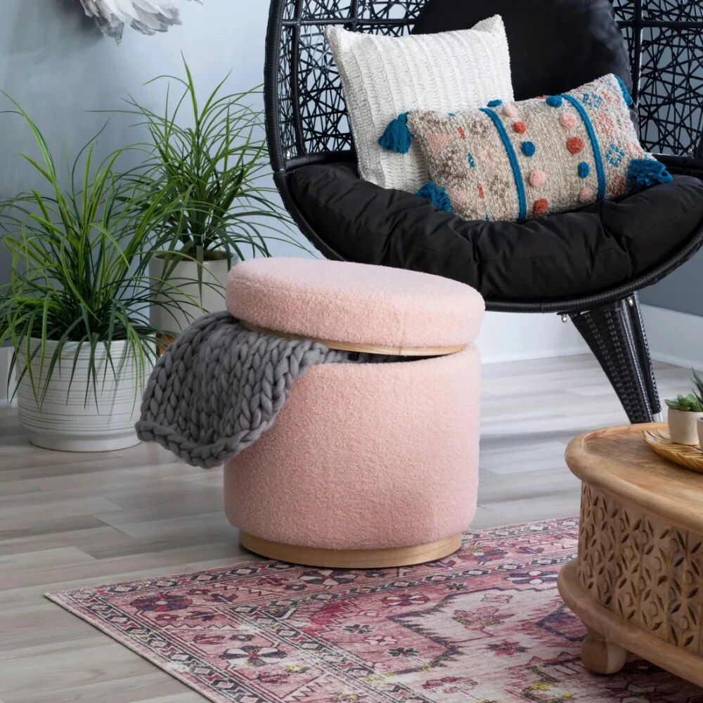 Versatile Blush Sherpa Storage Ottoman Stool