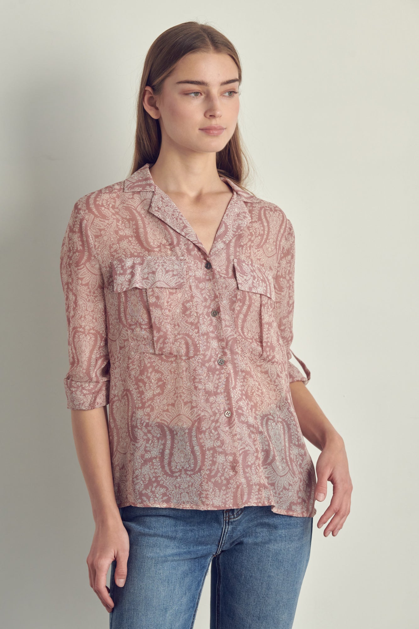 Draped front swirl print blouse