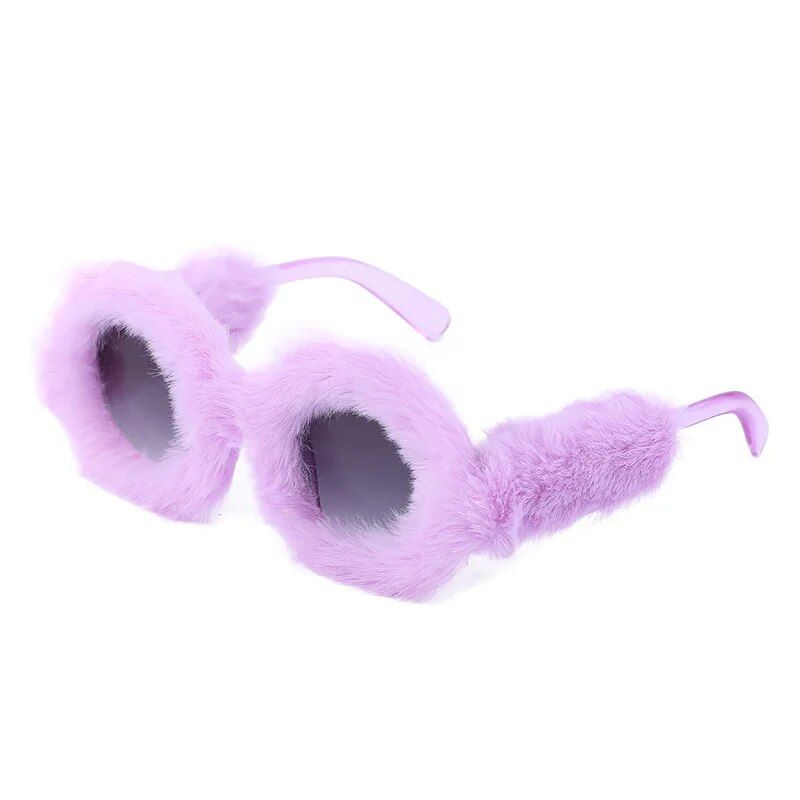 Luxury Plush Round Sunglasses - Women's Fluffy Fur-Trimmed Fashion Eyewear