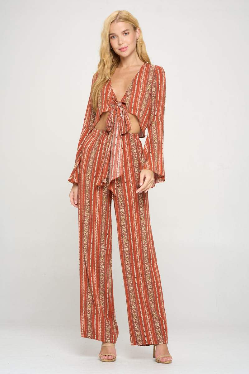 Cropped Boho Printed Bell Sleeved Cardigan And Palazzo Pant Set