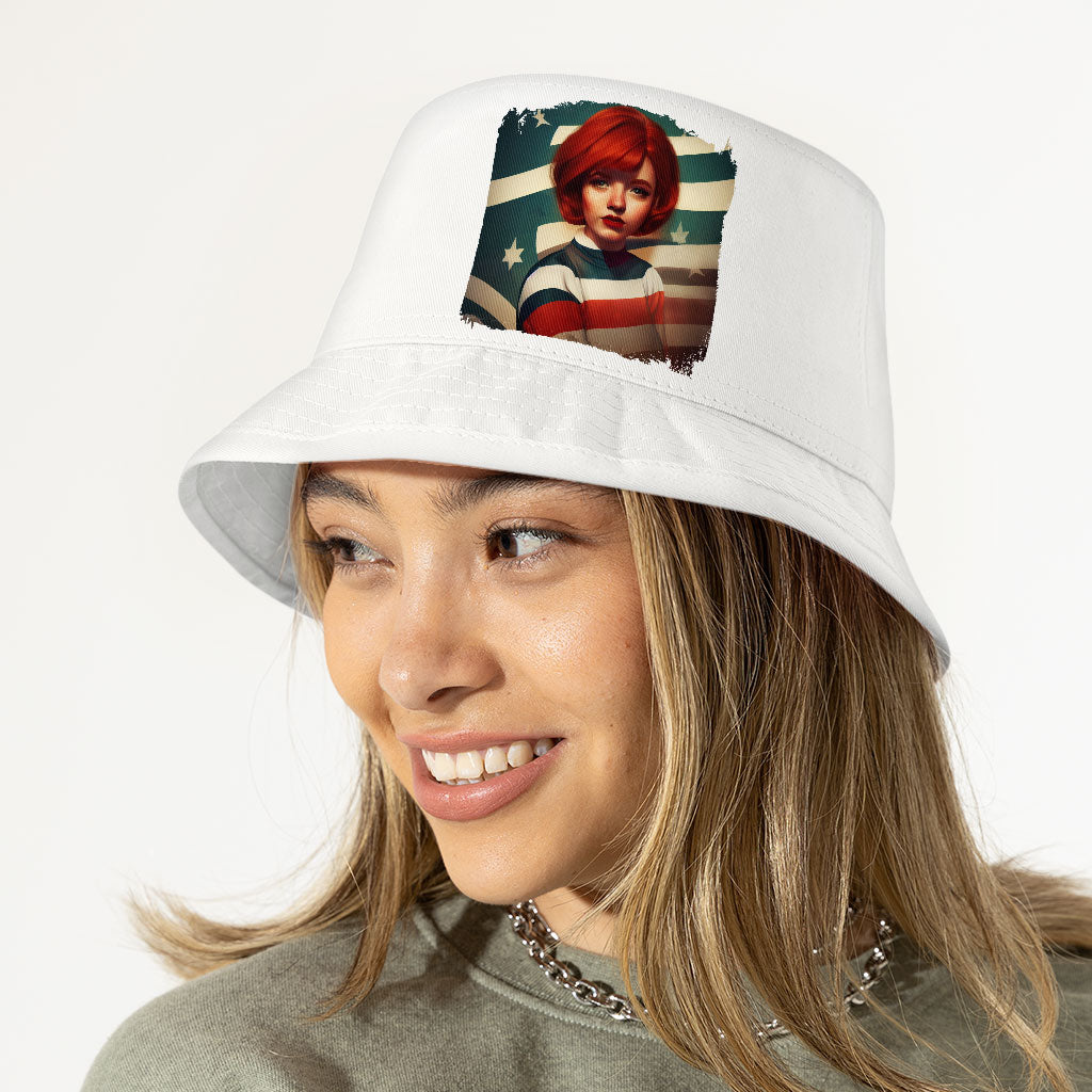 Girl With Red Hair American Flag Bucket Hat - Print Hat - Flag Bucket Hat