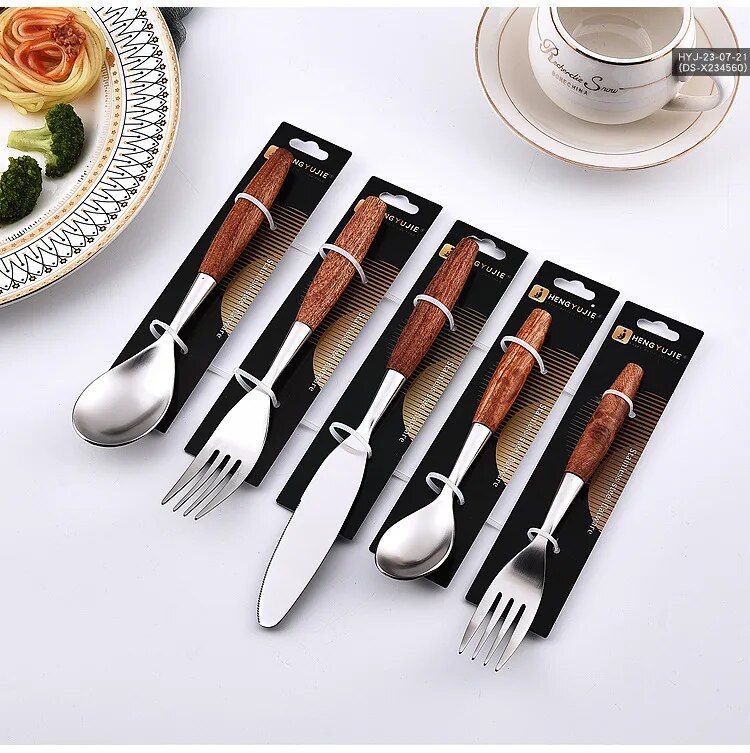 Elegant Natural Wood & Stainless Steel Cutlery Set - 5Pcs